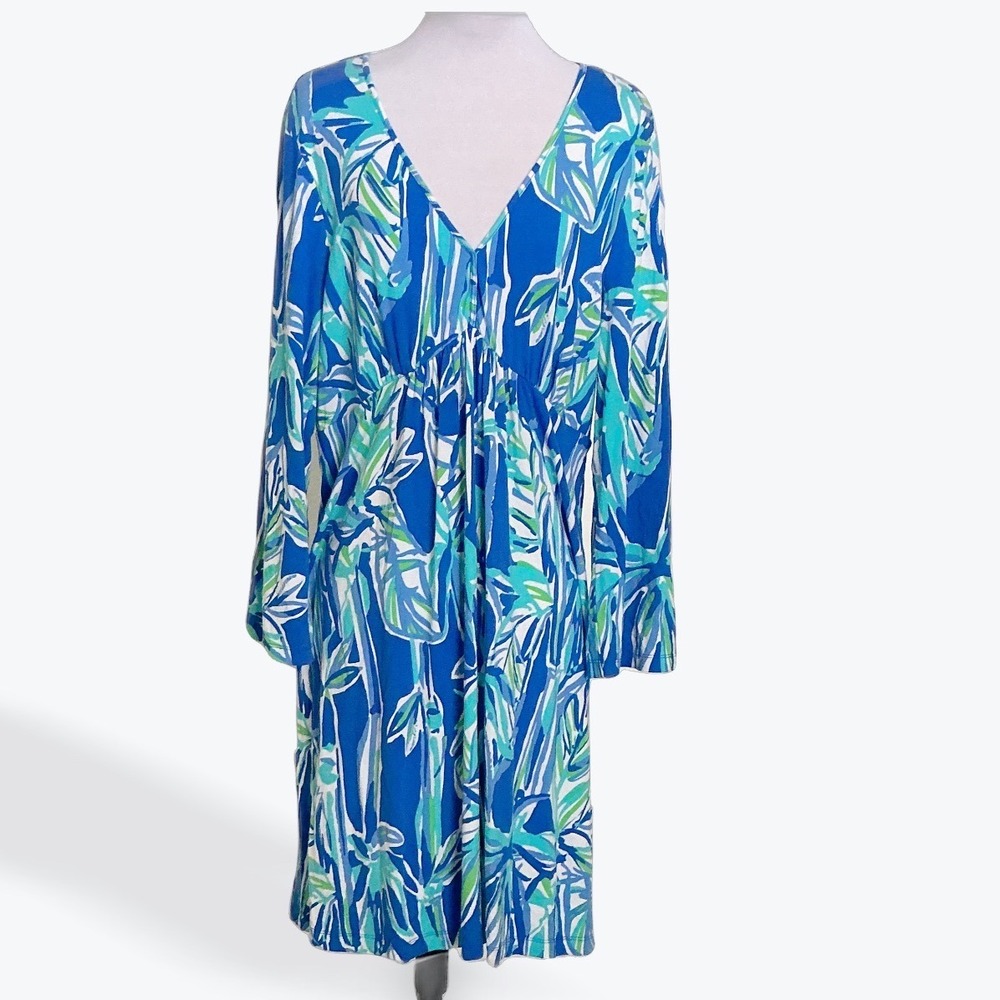 Lilly Pulitzer Renata Tunic Dress L Blue Tropical Palm Print Long Sleeve V Neck - Picture 2 of 9
